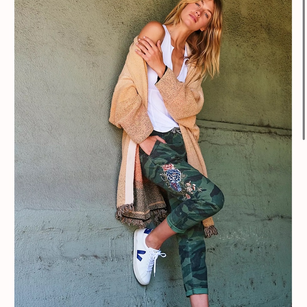 Free People Driftwood Camo Embroidered Pants
